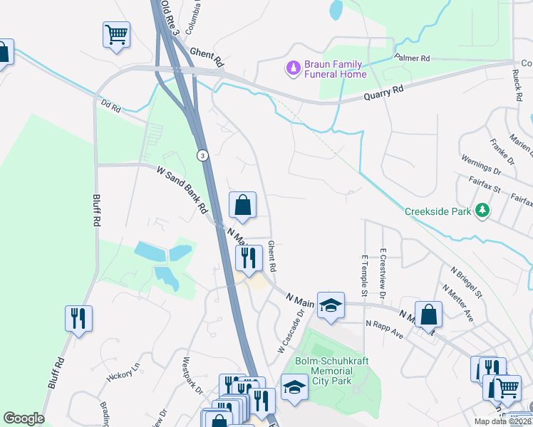map of restaurants, bars, coffee shops, grocery stores, and more near 1599 Ghent Road in Columbia