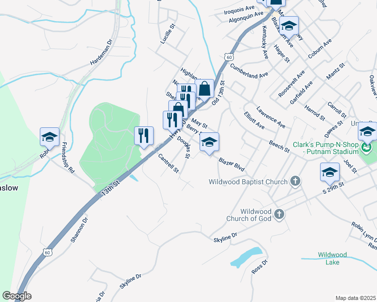 map of restaurants, bars, coffee shops, grocery stores, and more near 3422 Douglas Street in Ashland