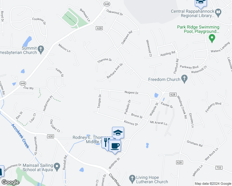 map of restaurants, bars, coffee shops, grocery stores, and more near 47 Nugent Drive in Stafford