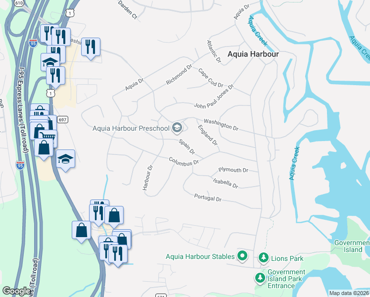 map of restaurants, bars, coffee shops, grocery stores, and more near 1111 Spain Drive in Stafford