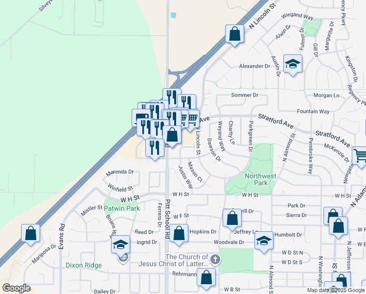 map of restaurants, bars, coffee shops, grocery stores, and more near 1230 Watson Ranch Way in Dixon