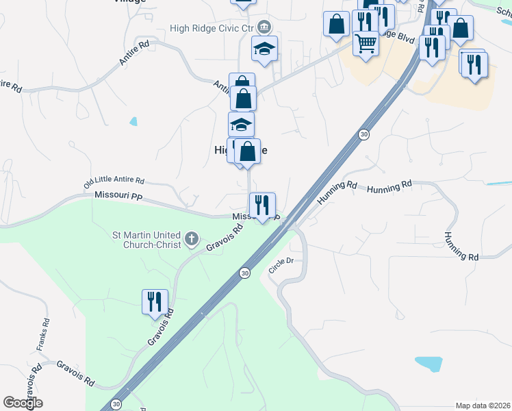 map of restaurants, bars, coffee shops, grocery stores, and more near 5680 State Route 30 in High Ridge