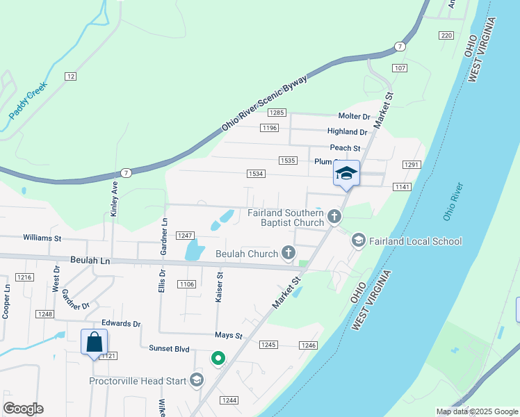 map of restaurants, bars, coffee shops, grocery stores, and more near 505 Township Road 1135 in Proctorville