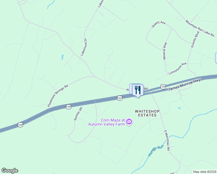 map of restaurants, bars, coffee shops, grocery stores, and more near 18084 North Merrimac Road in Culpeper