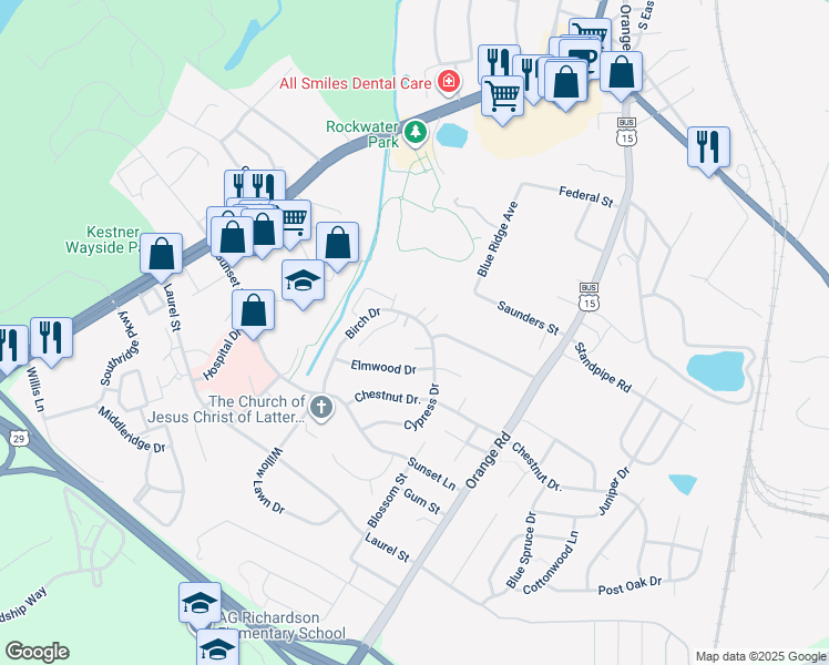 map of restaurants, bars, coffee shops, grocery stores, and more near 1772 Birch Drive in Culpeper