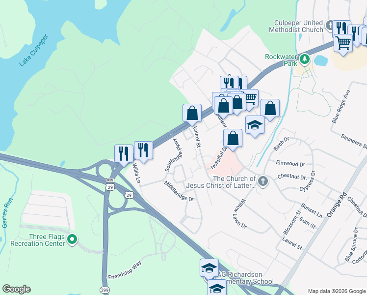 map of restaurants, bars, coffee shops, grocery stores, and more near 747 Madison Road in Culpeper