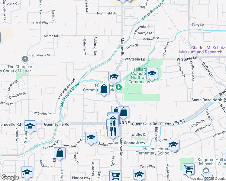 map of restaurants, bars, coffee shops, grocery stores, and more near 2567 Marlow Road in Santa Rosa
