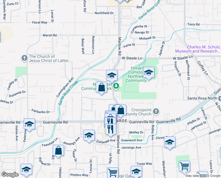 map of restaurants, bars, coffee shops, grocery stores, and more near 2567 Marlow Road in Santa Rosa