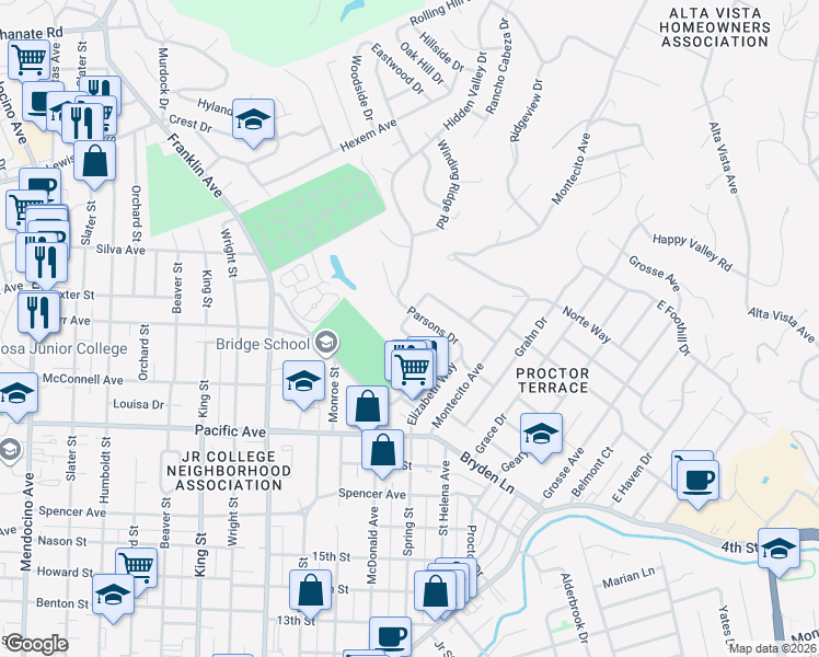 map of restaurants, bars, coffee shops, grocery stores, and more near 1740 Terrace Way in Santa Rosa