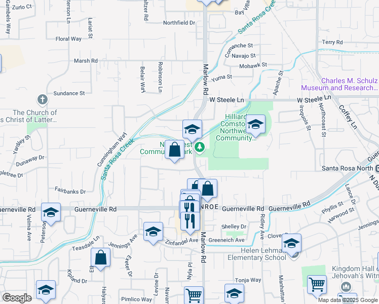map of restaurants, bars, coffee shops, grocery stores, and more near 2603 Marlow Road in Santa Rosa
