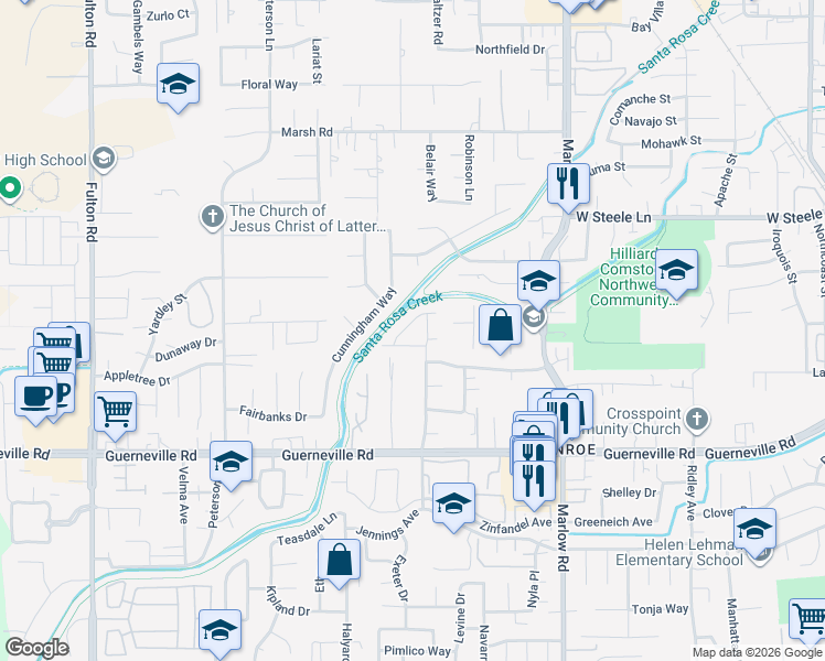 map of restaurants, bars, coffee shops, grocery stores, and more near 2225 Ironbark Drive in Santa Rosa