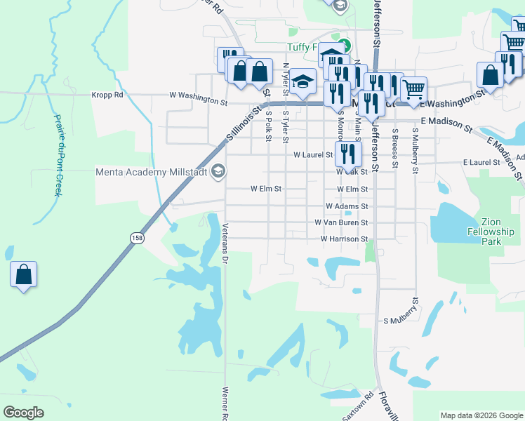 map of restaurants, bars, coffee shops, grocery stores, and more near 614 West Elm Street in Millstadt