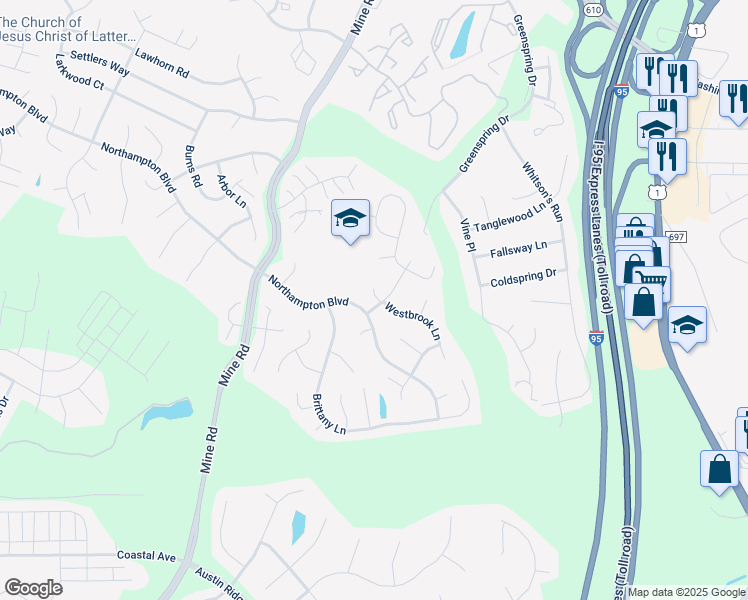 map of restaurants, bars, coffee shops, grocery stores, and more near 269 Greenspring Drive in Stafford