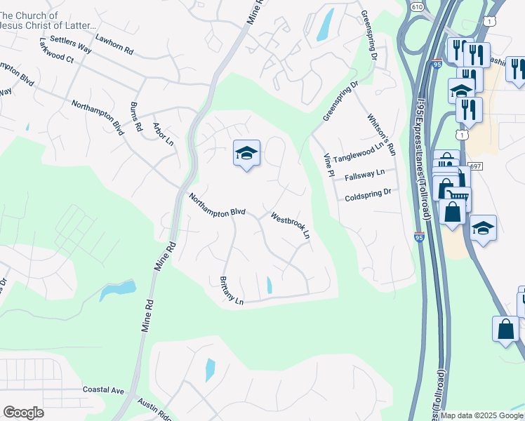 map of restaurants, bars, coffee shops, grocery stores, and more near 269 Greenspring Drive in Stafford