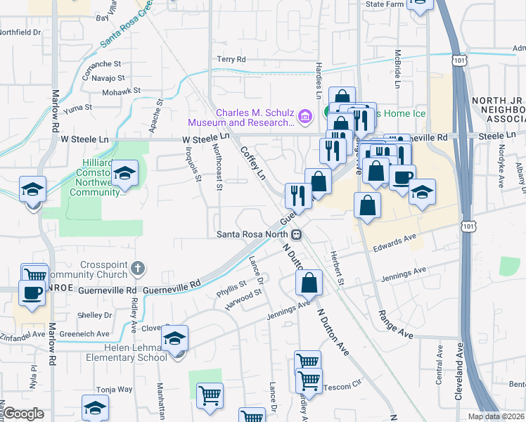 map of restaurants, bars, coffee shops, grocery stores, and more near 2556 Westberry Drive in Santa Rosa
