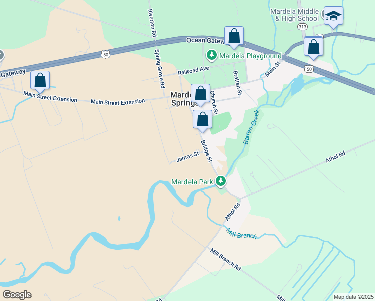 map of restaurants, bars, coffee shops, grocery stores, and more near 107 James Street in Mardela Springs