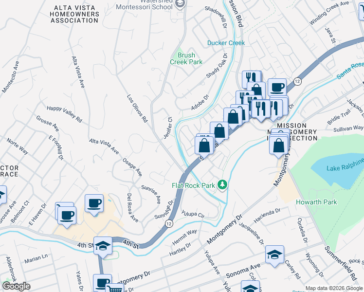 map of restaurants, bars, coffee shops, grocery stores, and more near 123 Kentwood Lane in Santa Rosa