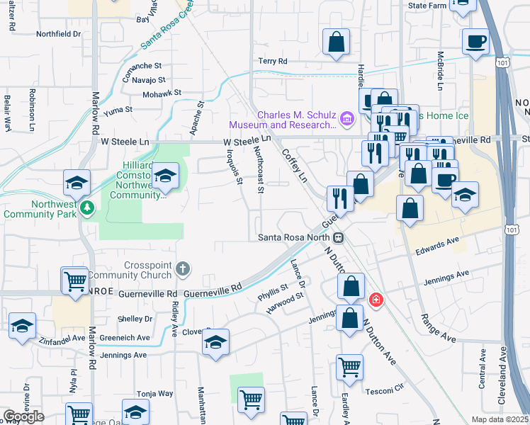 map of restaurants, bars, coffee shops, grocery stores, and more near 19 Northcoast Street in Santa Rosa