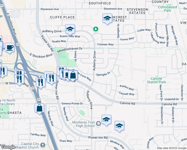 map of restaurants, bars, coffee shops, grocery stores, and more near 8740 Auberry Drive in Sacramento