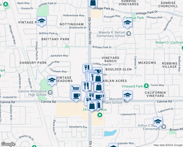 map of restaurants, bars, coffee shops, grocery stores, and more near 8893 Robbins Road in Sacramento