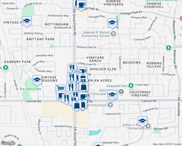 map of restaurants, bars, coffee shops, grocery stores, and more near 8277 Red Rock Drive in Sacramento