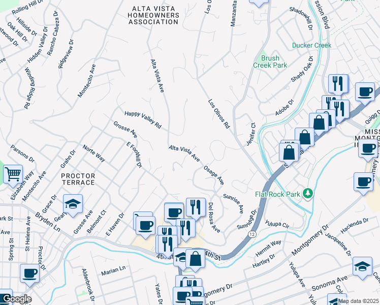 map of restaurants, bars, coffee shops, grocery stores, and more near Alta Vista Ave & Chaparral Ct in Santa Rosa
