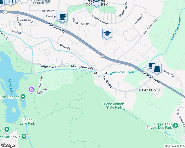 map of restaurants, bars, coffee shops, grocery stores, and more near 5921 Channel Drive in Santa Rosa