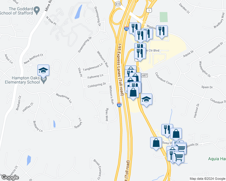 map of restaurants, bars, coffee shops, grocery stores, and more near 226 Whitson's Run in Stafford