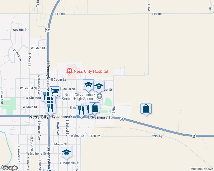 map of restaurants, bars, coffee shops, grocery stores, and more near 660-704 East Cedar Street in Ness City