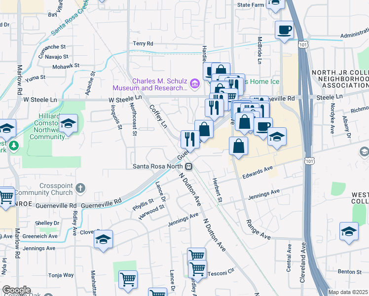 map of restaurants, bars, coffee shops, grocery stores, and more near 2601 Coffey Lane in Santa Rosa