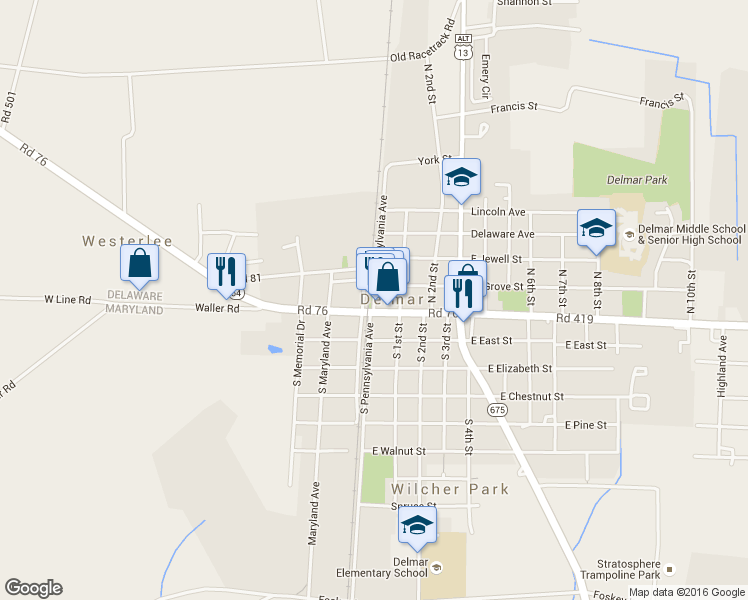 map of restaurants, bars, coffee shops, grocery stores, and more near 18 N Pennsylvania Ave in Delmar