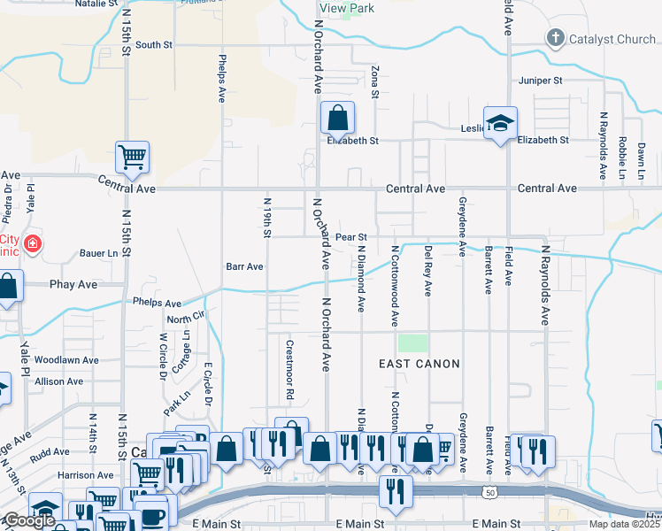 map of restaurants, bars, coffee shops, grocery stores, and more near 619 North Orchard Avenue in Cañon City