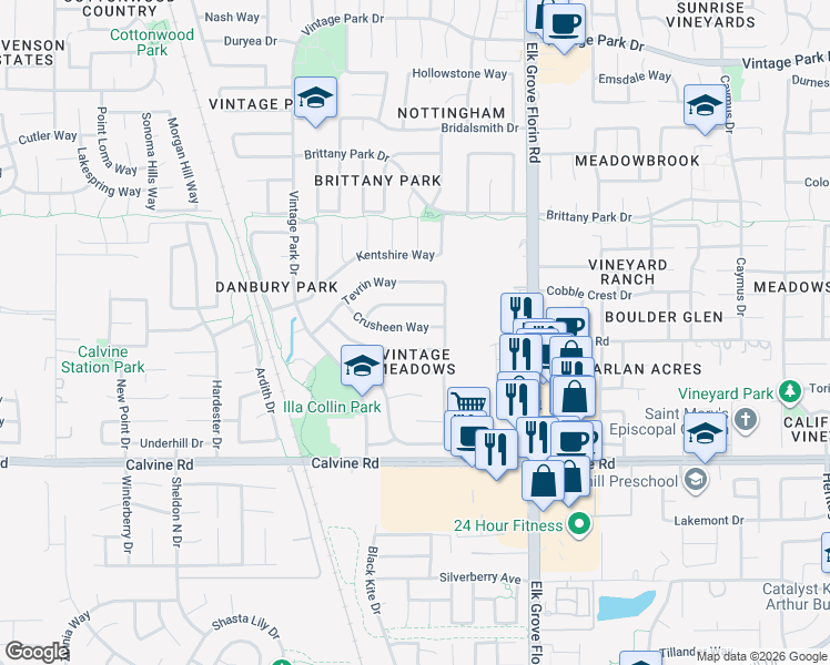 map of restaurants, bars, coffee shops, grocery stores, and more near 8775 Crusheen Way in Sacramento