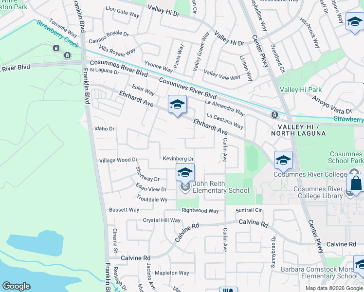 map of restaurants, bars, coffee shops, grocery stores, and more near 5650 Village Ridge Way in Sacramento