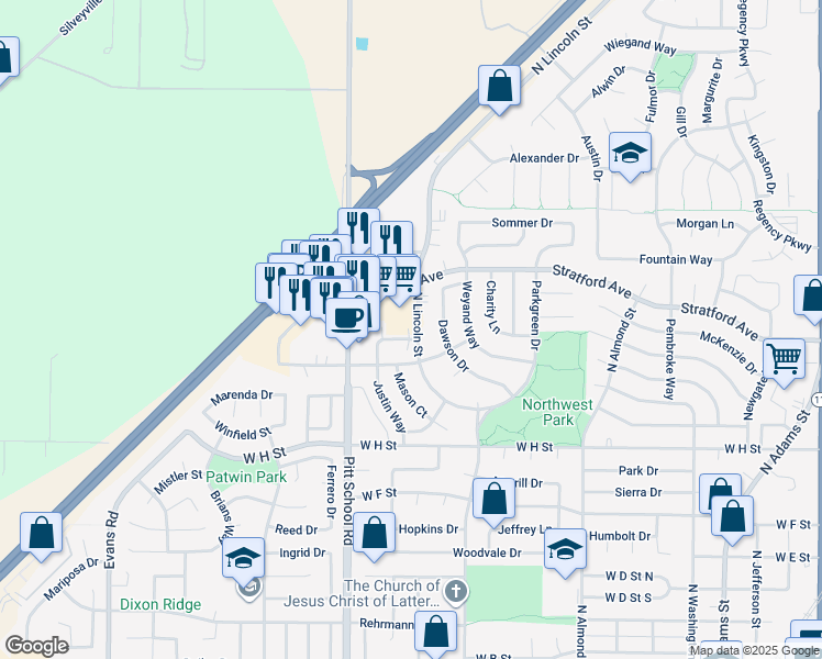 map of restaurants, bars, coffee shops, grocery stores, and more near 1165 North Lincoln Street in Dixon