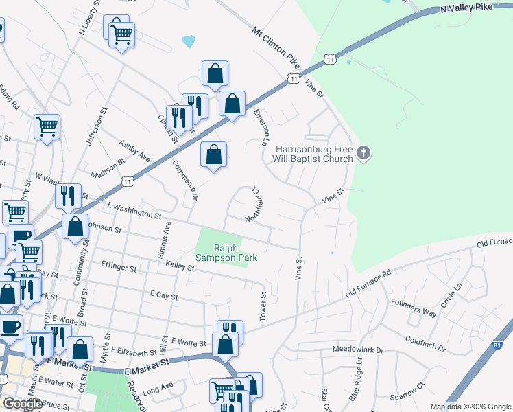 map of restaurants, bars, coffee shops, grocery stores, and more near 412 Glenfield Court in Harrisonburg