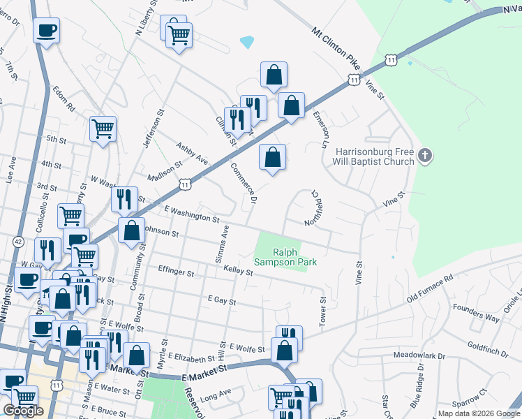 map of restaurants, bars, coffee shops, grocery stores, and more near 1012 Commercial Court in Harrisonburg
