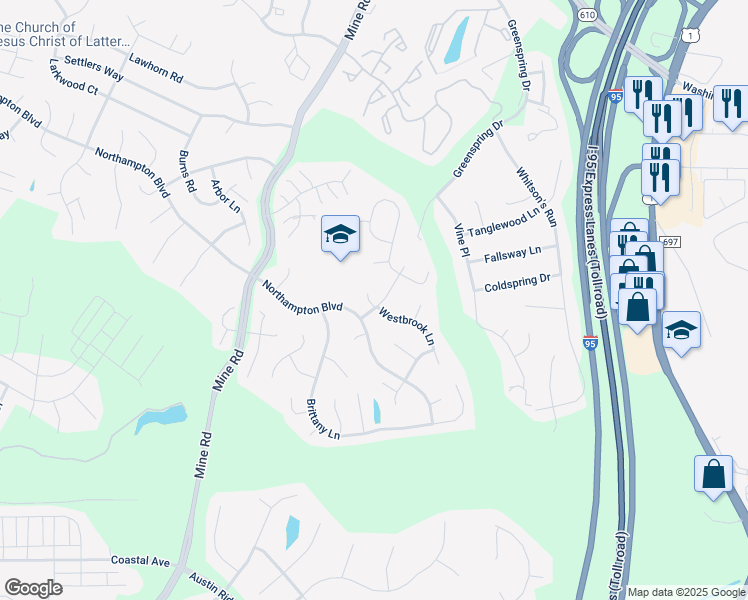 map of restaurants, bars, coffee shops, grocery stores, and more near 263 Greenspring Drive in Stafford