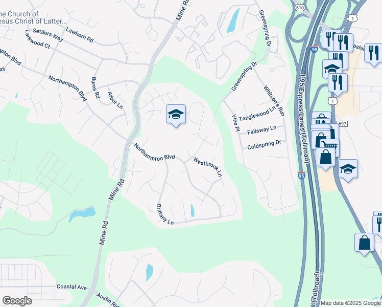 map of restaurants, bars, coffee shops, grocery stores, and more near 263 Greenspring Drive in Stafford