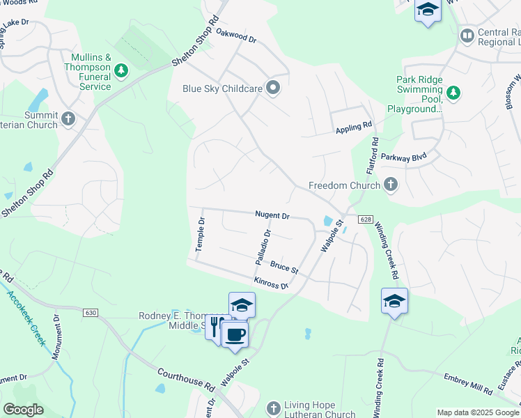 map of restaurants, bars, coffee shops, grocery stores, and more near 38 Nugent Drive in Stafford