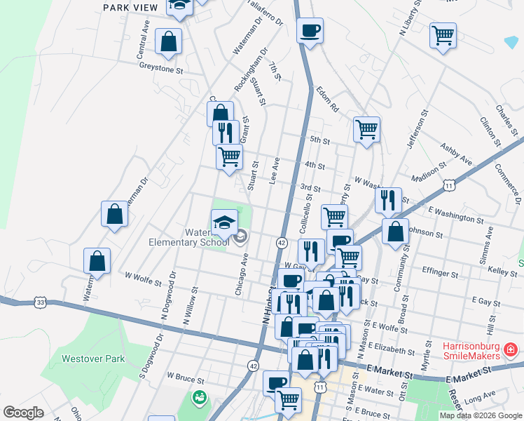map of restaurants, bars, coffee shops, grocery stores, and more near 608 Stuart Street in Harrisonburg