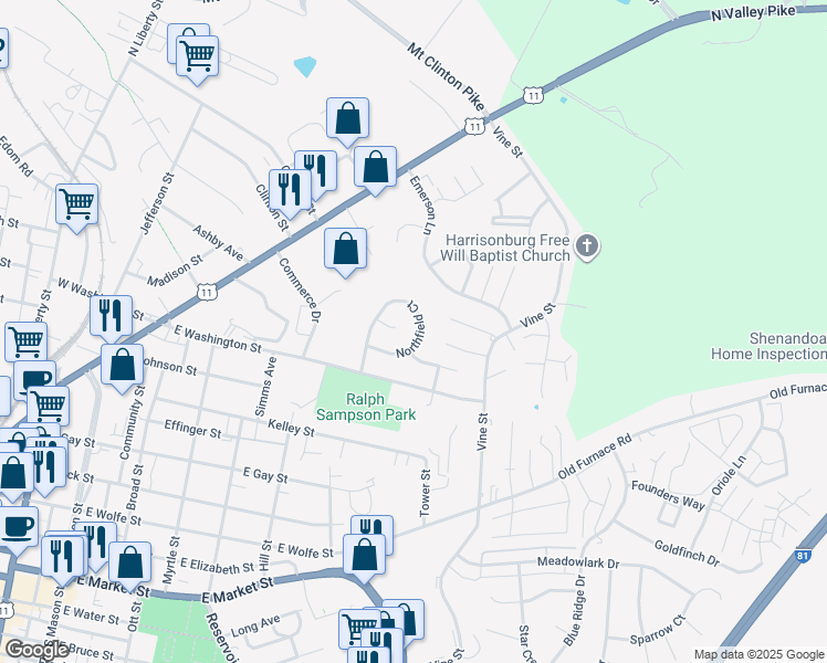 map of restaurants, bars, coffee shops, grocery stores, and more near 412 Glenfield Court in Harrisonburg
