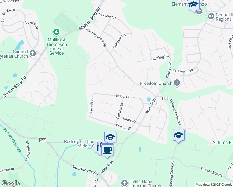 map of restaurants, bars, coffee shops, grocery stores, and more near 40 Nugent Drive in Stafford