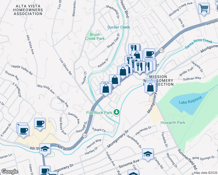 map of restaurants, bars, coffee shops, grocery stores, and more near 22 Tiffany Place in Santa Rosa
