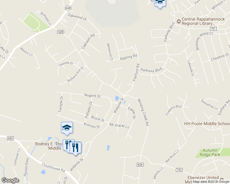 map of restaurants, bars, coffee shops, grocery stores, and more near 190 Winding Creek Road in Stafford