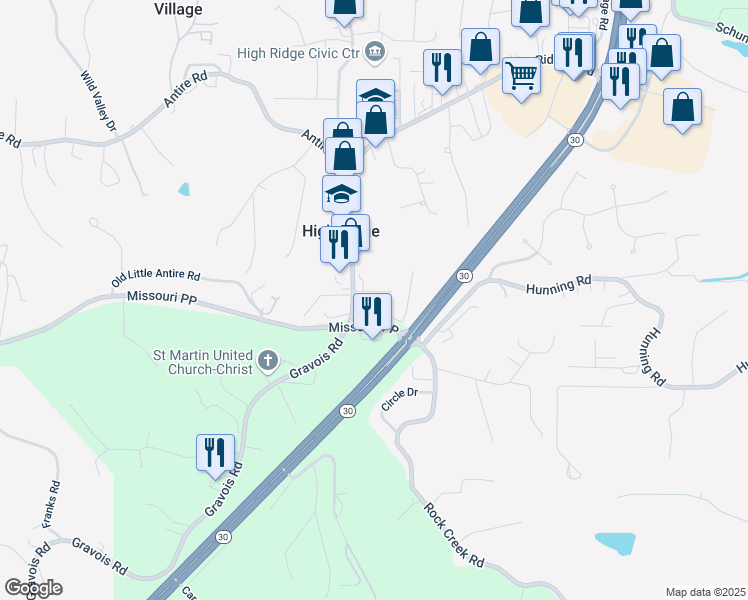 map of restaurants, bars, coffee shops, grocery stores, and more near 5613 Park Road in High Ridge