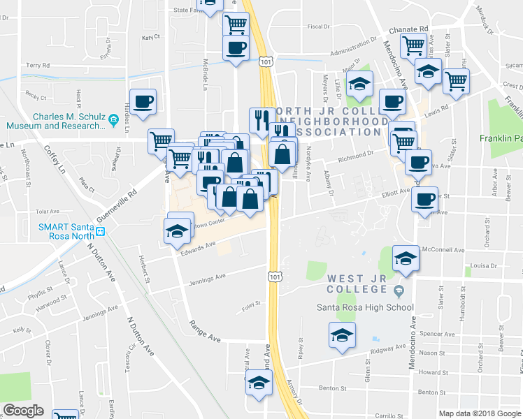 map of restaurants, bars, coffee shops, grocery stores, and more near 212 Coddingtown Center in Santa Rosa