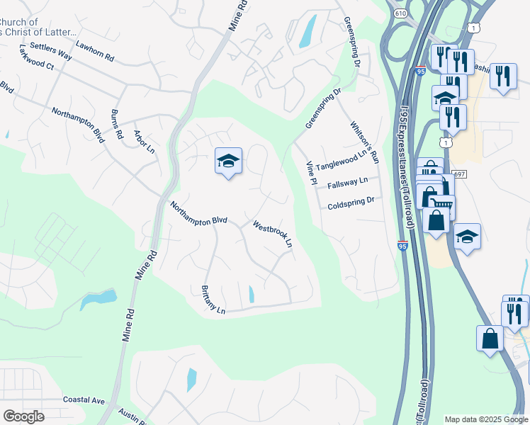 map of restaurants, bars, coffee shops, grocery stores, and more near 258 Greenspring Drive in Stafford