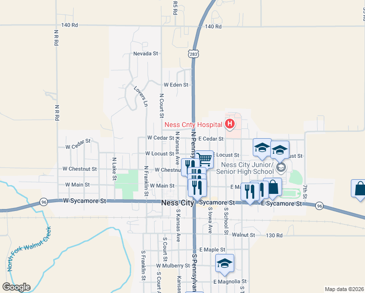 map of restaurants, bars, coffee shops, grocery stores, and more near Cedar Street in Ness City
