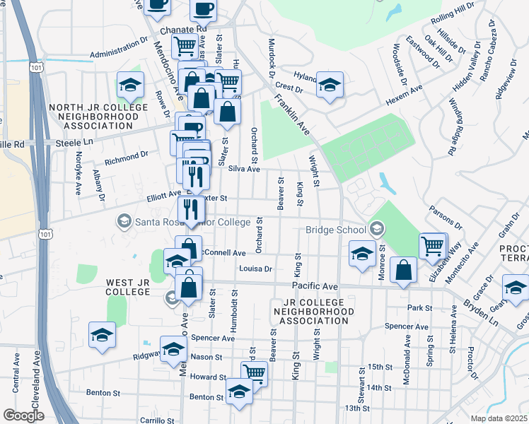 map of restaurants, bars, coffee shops, grocery stores, and more near 817 Carr Avenue in Santa Rosa